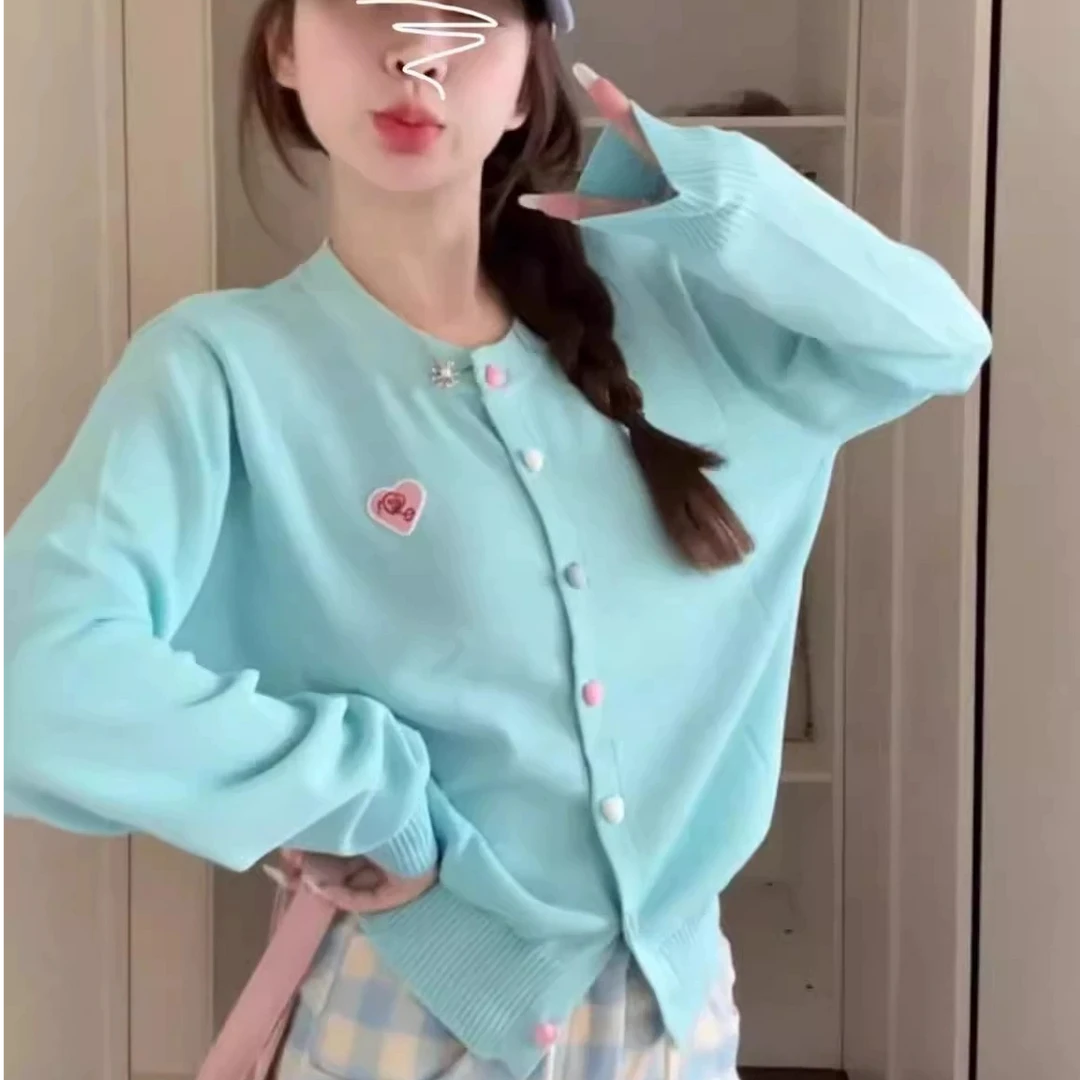 韩版短款蓝色长袖针织开衫多巴胺上衣女早秋季学院风甜美薄款外套