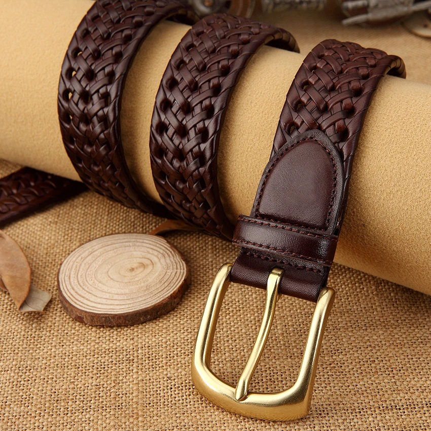 纯铜扣针扣编织皮带男女通用免打孔腰带男潮松紧真皮裤带3.8cm宽
