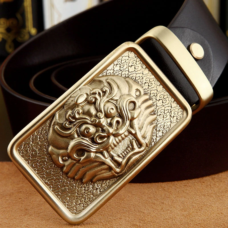 皮带男貔貅个性铜扣真皮纯牛皮中年平滑扣韩版青年商务腰带牛仔潮
