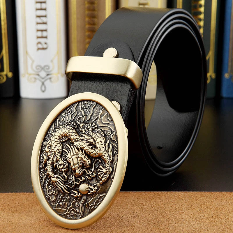 龙戏珠纯铜扣皮带男士真皮皮带纯牛皮平滑扣复古中青年潮休闲腰带
