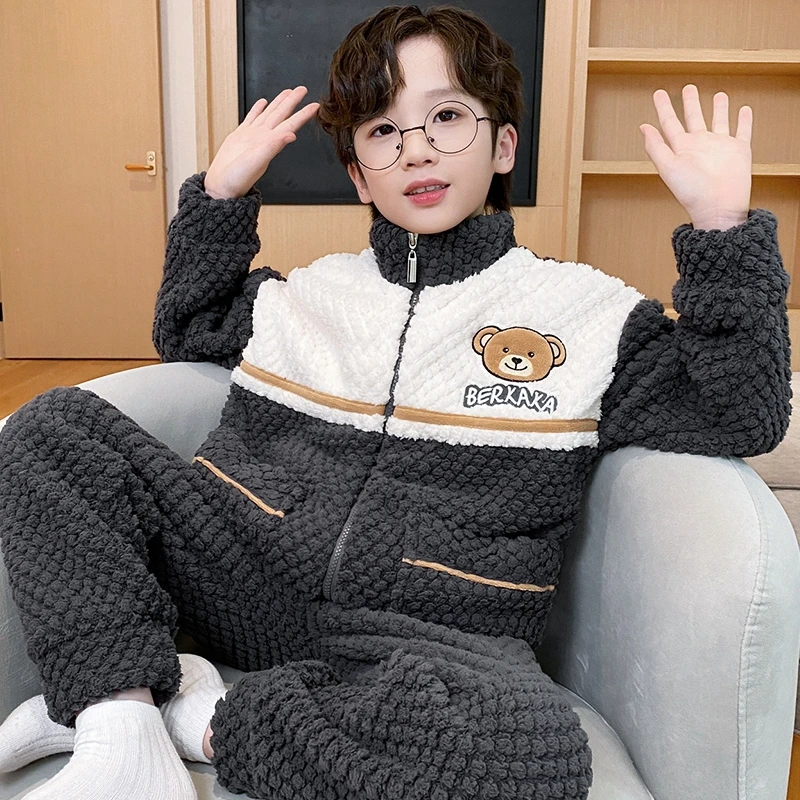 儿童睡衣男童珊瑚绒秋冬季男童中大童法兰绒加绒加厚款家居服套装