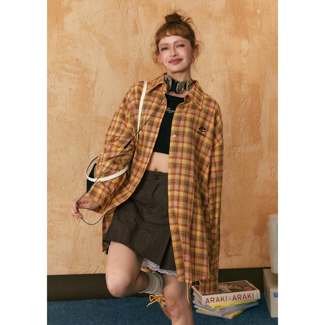 EZEK美式多巴胺色格子衬衫下摆毛边开衫上衣翻领外套衬衣