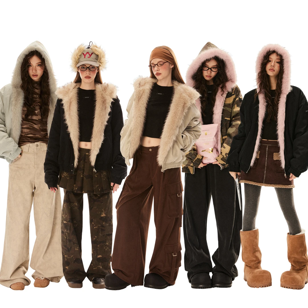 EZEK美式复古座山雕毛茸茸工装外套女秋冬季迷彩加绒加厚棉服夹克