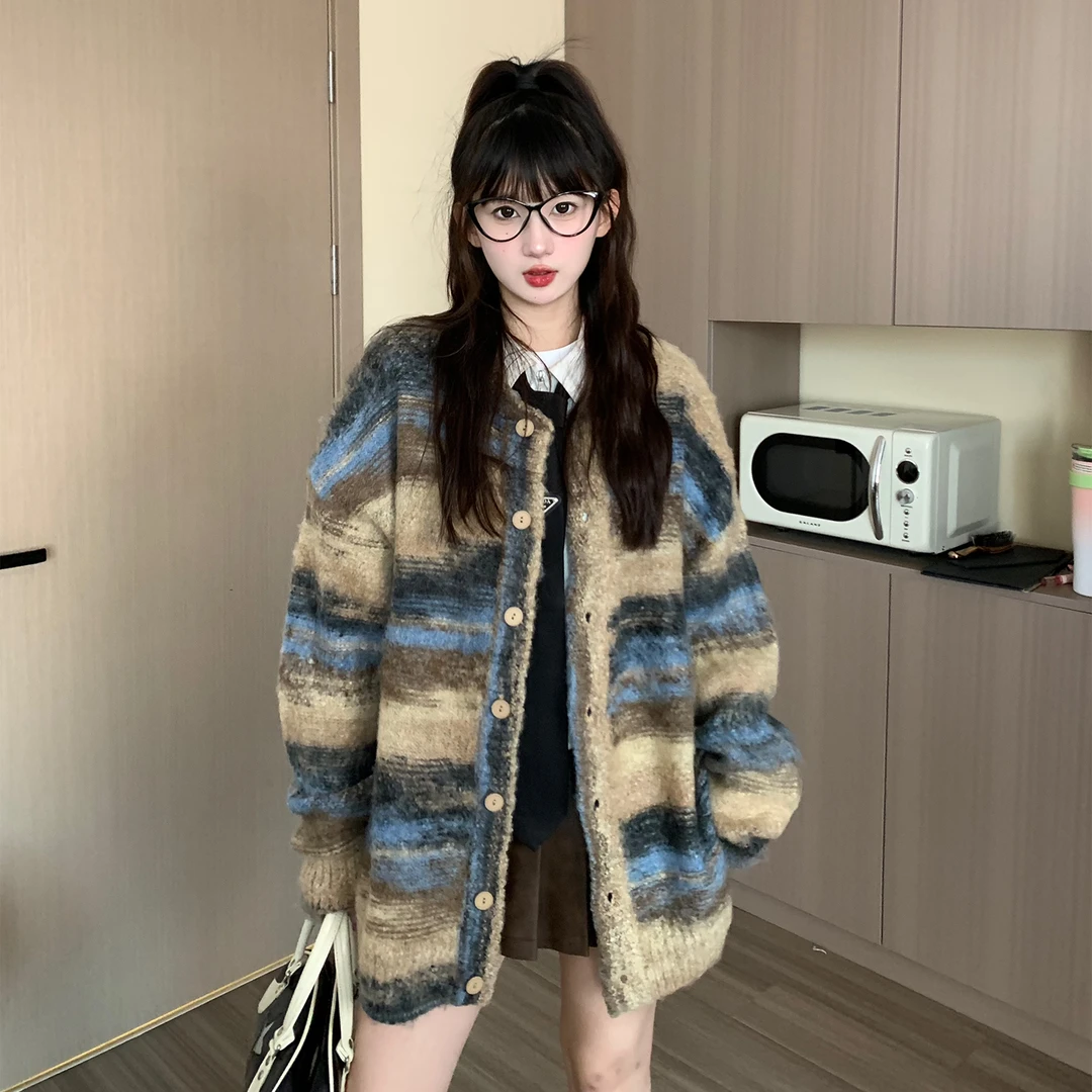 EZEK原创美式复古多巴胺氛围感慵懒风宽松针织开衫毛衣外套女秋冬