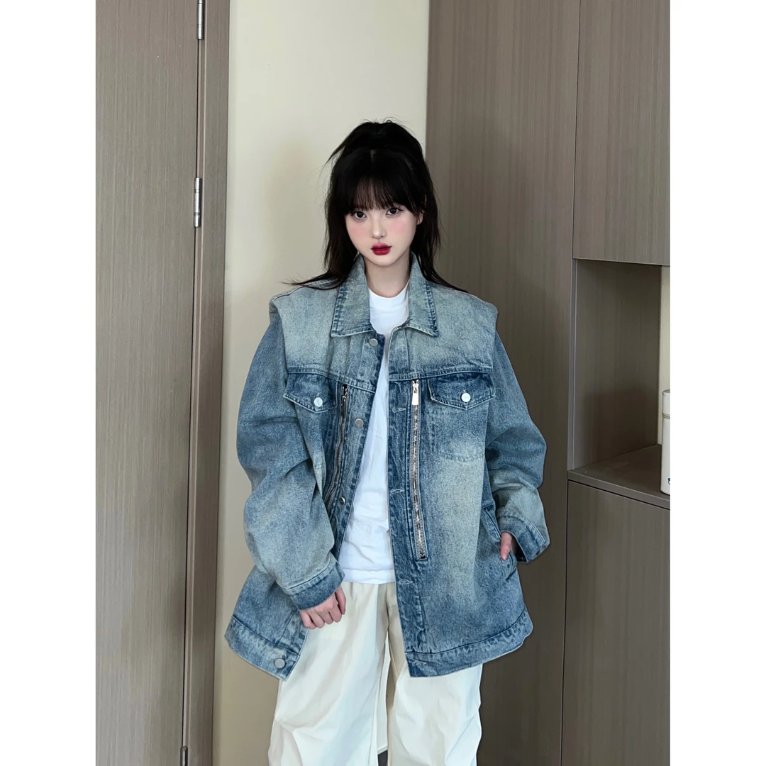 EZEK美式复古重磅牛仔外套女2024春秋新款显瘦牛仔衣夹克上衣潮牌