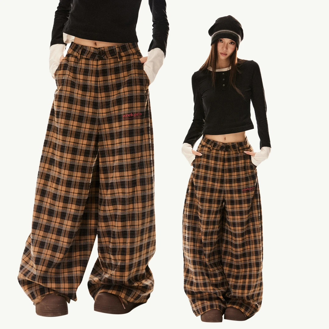 EZEK美式复古毛呢格子裤女秋冬新款宽松阔腿裤休闲显瘦拖地直筒裤