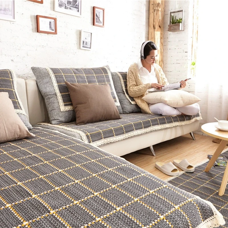 【深灰黄格】棉麻老粗布沙发垫三件套四季通用防滑加厚客厅家用