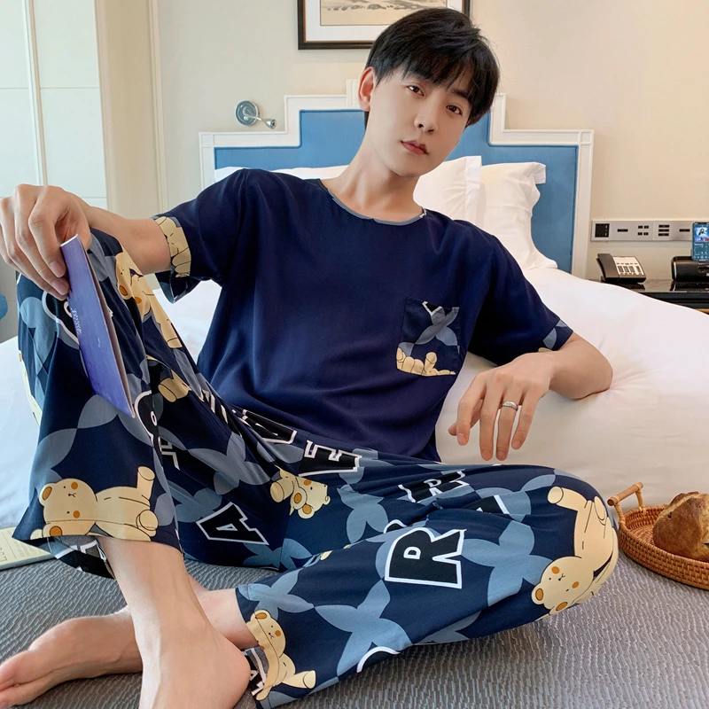 新款睡衣男夏季棉绸短袖长裤可外穿套头人造棉绵绸休闲家居服套装