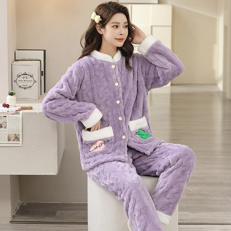 秋冬季睡衣珊瑚绒女清新可爱法兰绒开衫加绒加厚保暖家居服两件套
