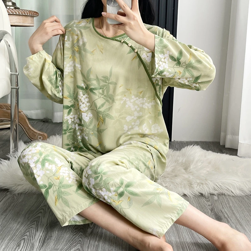 时尚棉绸长袖新中式套头女睡衣夏季印花人造棉薄款宽松家居服套装