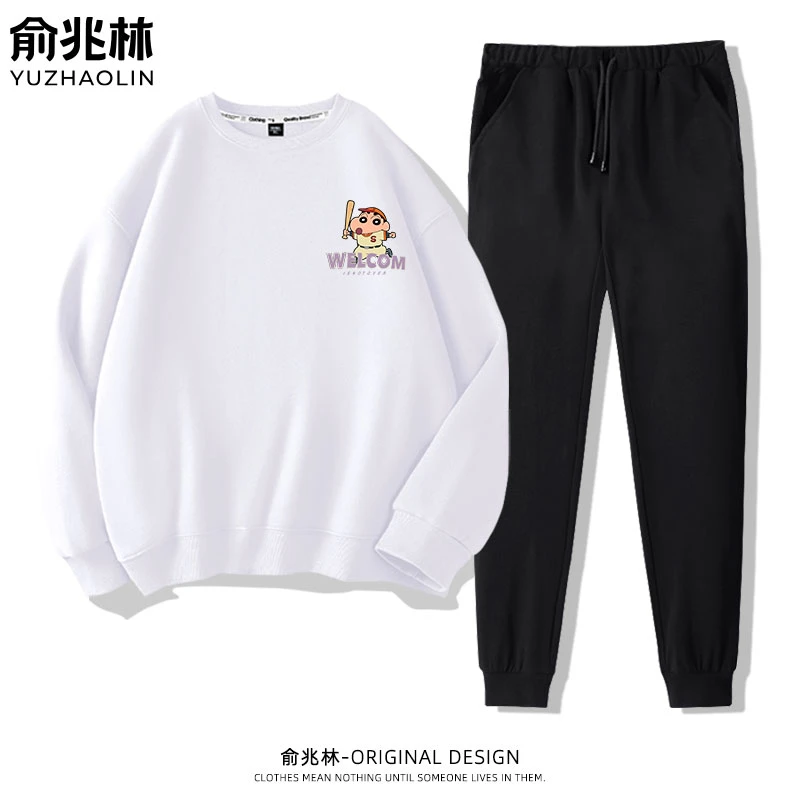 冬季新款加绒加厚高档男士卫衣潮流圆领束脚卫裤舒适大码休闲套装