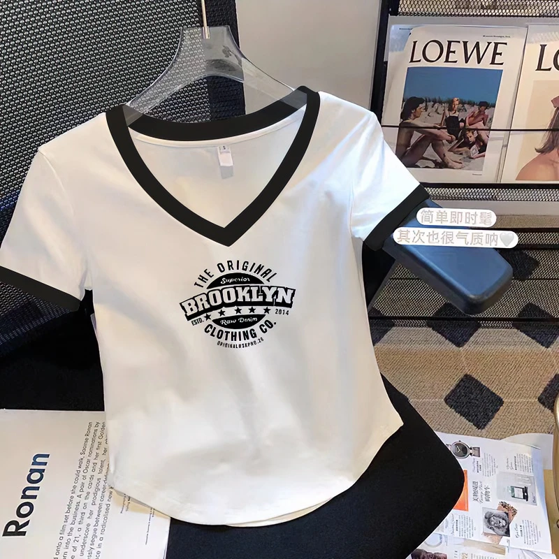 不规则白色打底衫显瘦大码上衣夏季新款V领短袖体恤拼色正肩T恤女