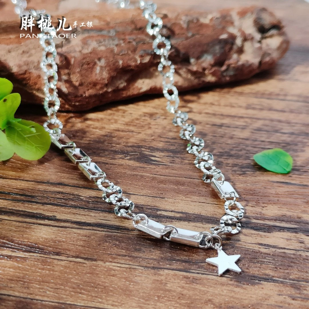 坠链均925银 39+5cm闪光车花工艺纯银满天星手工五角星套链【2056】