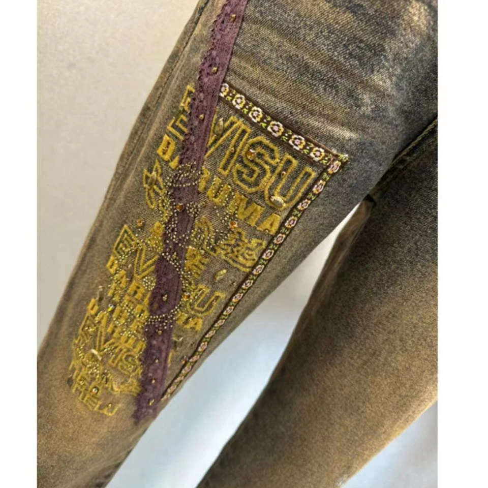 欧货复古做旧刺绣钉珠牛仔裤18027