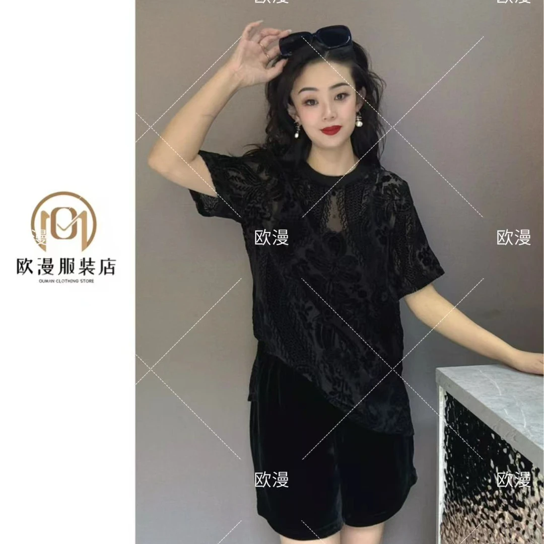 欧漫家【植绒烧花】定制真丝烧花两边开衩大T