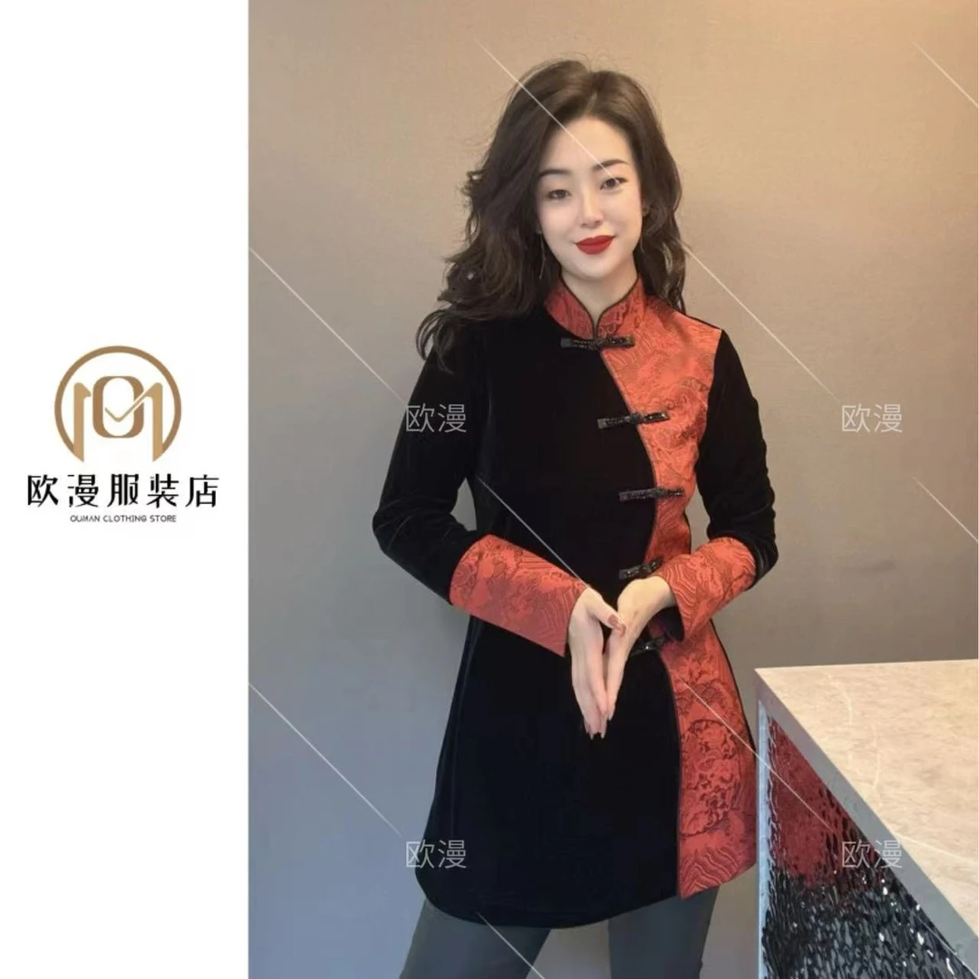 欧漫家【红云当头】定制丝绒拼接设计手工盘扣钉黑晶石上衣