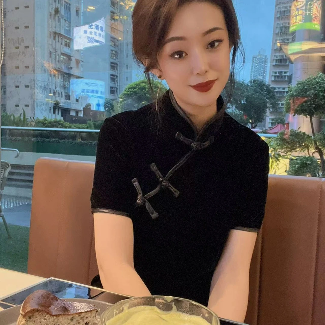 欧漫家新中式天鹅绒旗袍裙18009