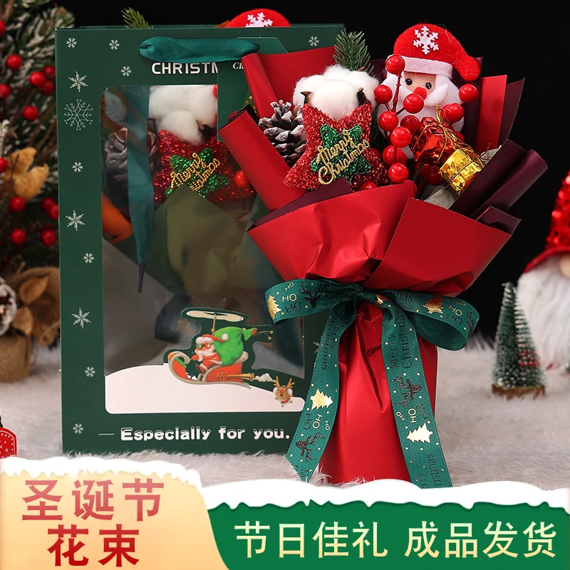 仿真圣诞节花束圣诞老人平安夜礼物送闺蜜儿童玩偶花束成品批发