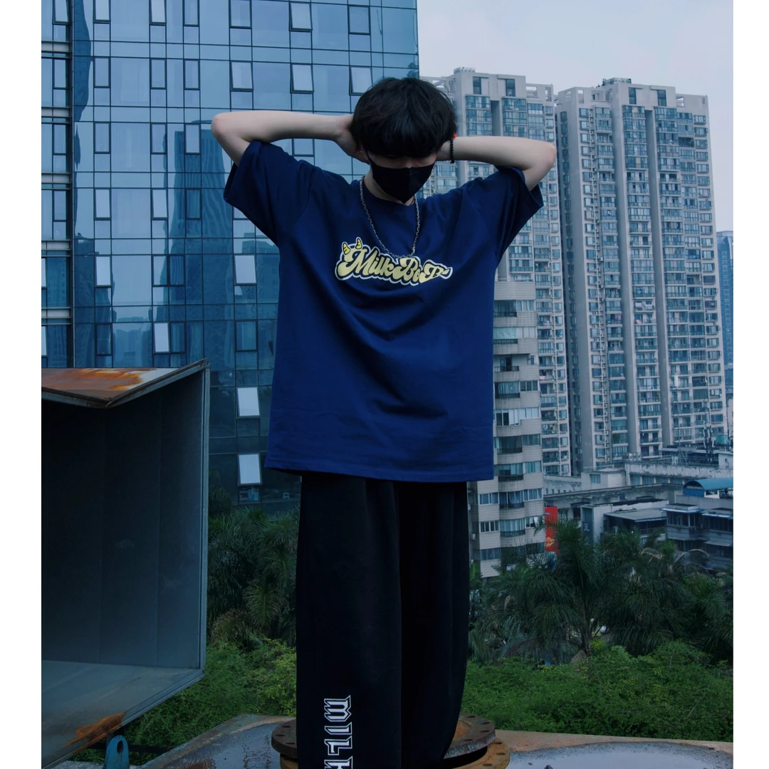 牛奶啵啵夏季宽松街舞hiphop休闲百搭蓝色印花T恤潮流高街中性风