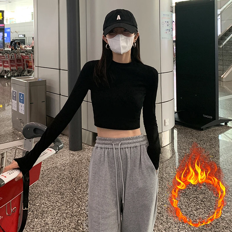 2025春秋磨毛加厚纯色修身圆领打底衫小心机高级感长袖内搭女上衣