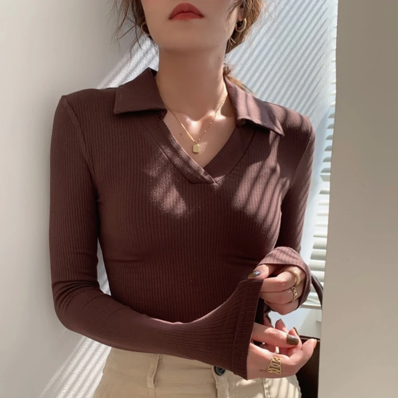 2025秋冬新款辣妹性感V领显瘦打底衫女美式纯色长袖紧身polo衫潮