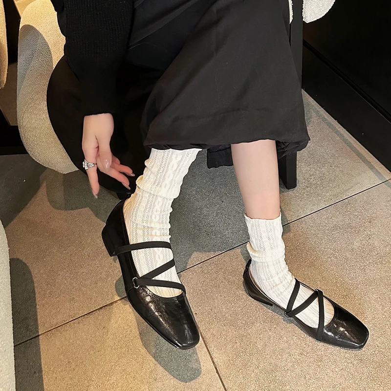 仙淑淑高端女鞋~ 粗跟浅口单鞋女韩版显瘦平底玛丽珍鞋浅口芭蕾鞋