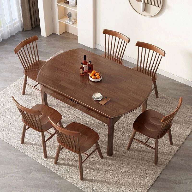 实木餐桌小户型家用折叠伸缩方圆两用圆桌长方形现代简2024新款式