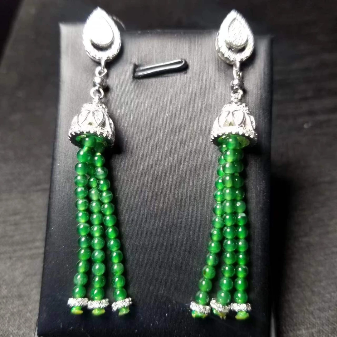 天然翡翠4222/55867满色珠子耳坠国标s925银镶嵌款多样性发货A