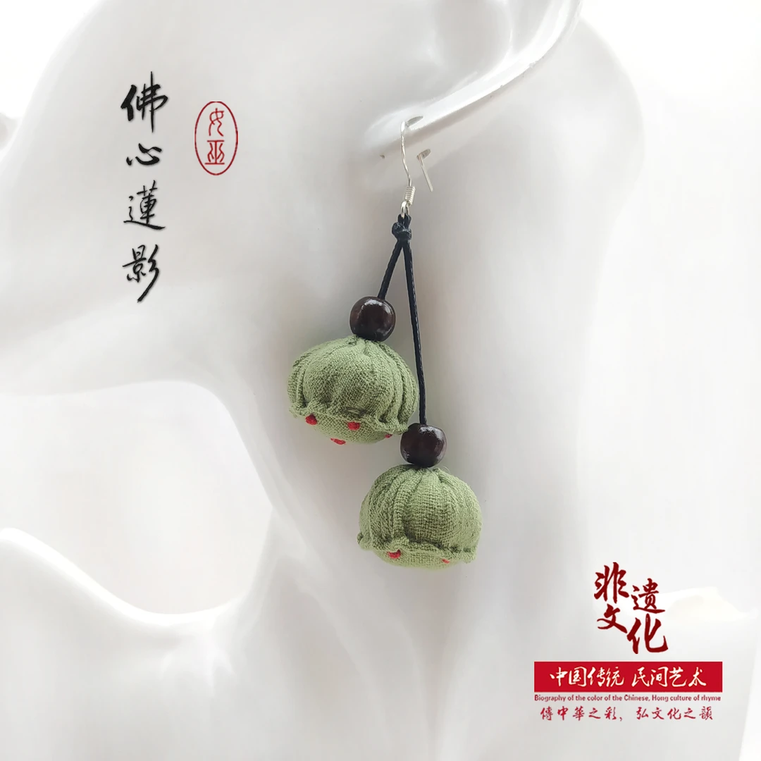 非金属布艺耳饰 双莲蓬耳环时尚纯棉手工中长款古风典雅气质饰品