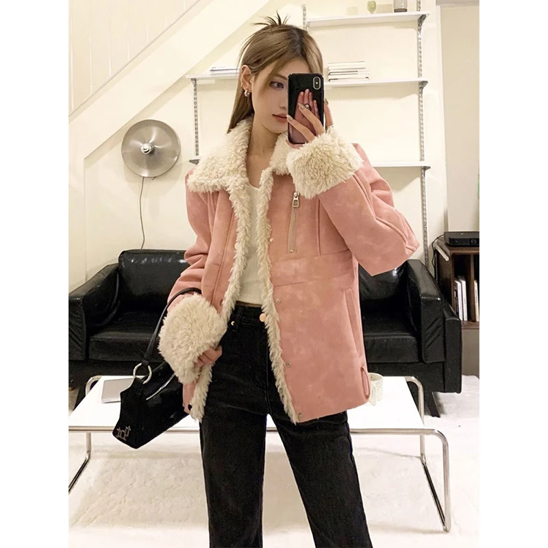 昆白粉色羊羔毛外套女秋冬款美式复古街头设计感小众皮毛一体夹克