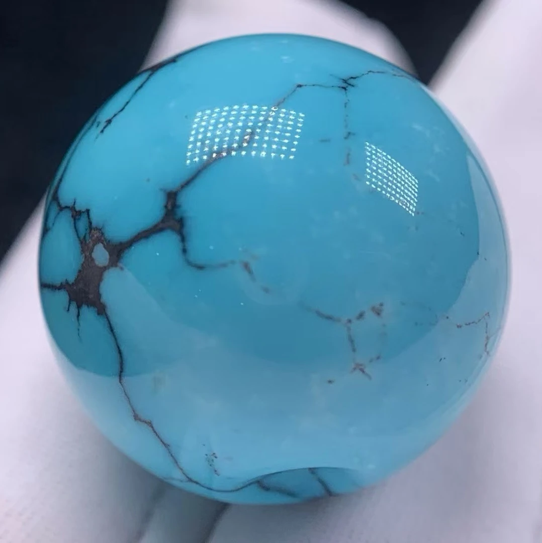 湖北原矿绿松石高瓷蓝圆珠21mm水草纹无油无水大颗圆形蓝色手工