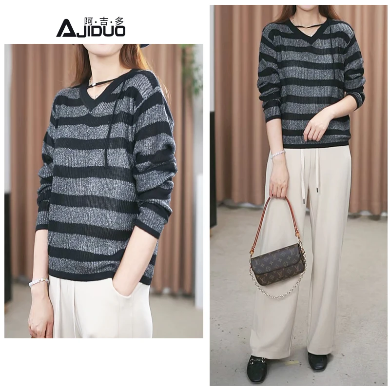 阿吉多A63853长袖条纹V领针织衫T恤女秋季慵懒休闲妈妈装宽松上衣