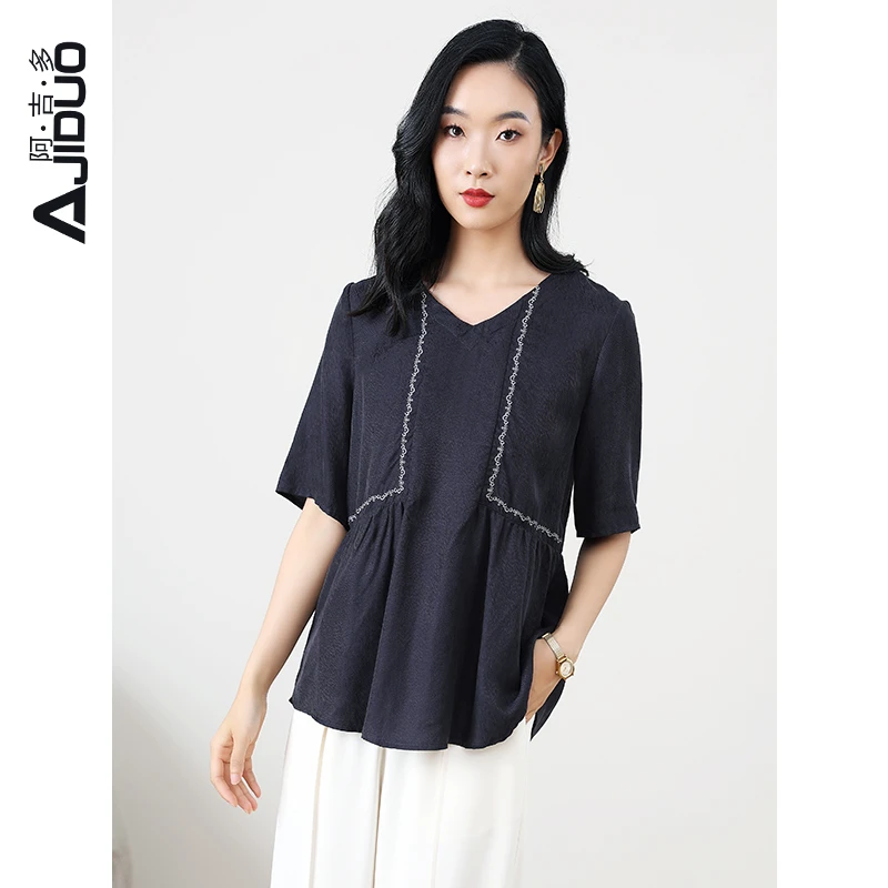 阿吉多A89786铜氨丝凉感T恤女夏季洋气大码妈妈装法式高级感上衣