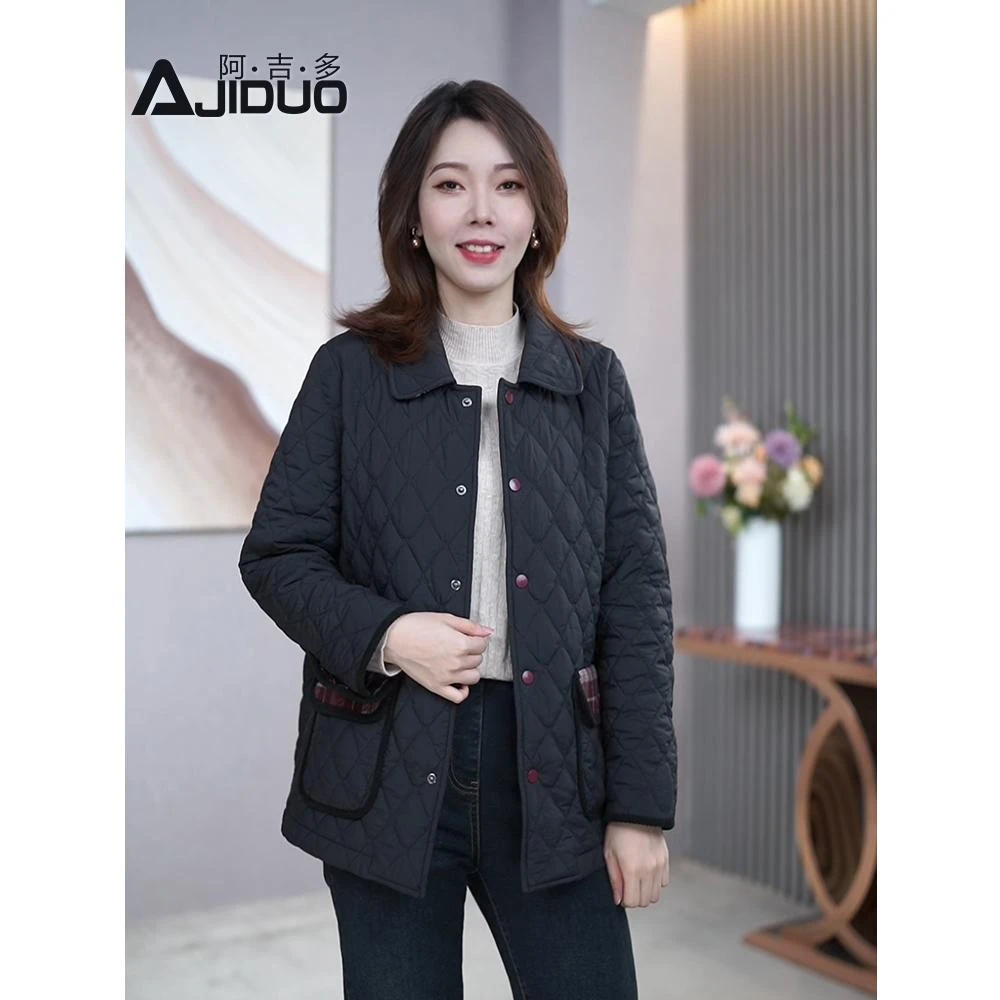 阿吉多A30819棱形格翻领棉服短外套女秋冬季洋气休闲百搭女士夹克
