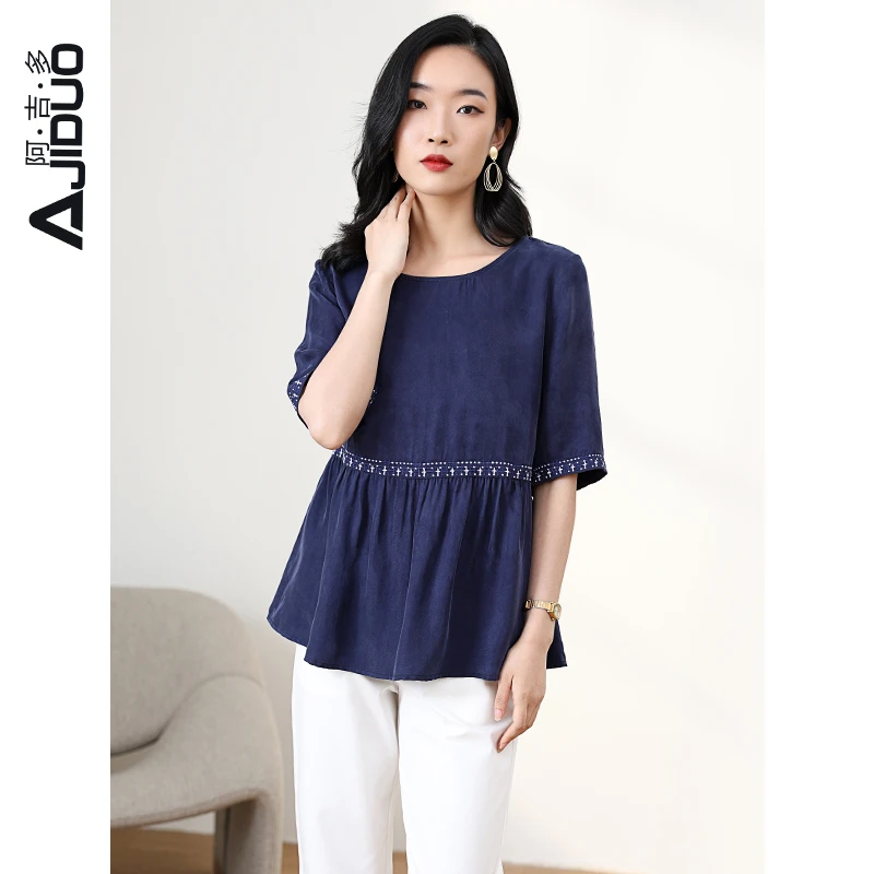 阿吉多A89680铜氨丝t恤女夏季短袖妈妈装绣花小衫蓝色大码上衣