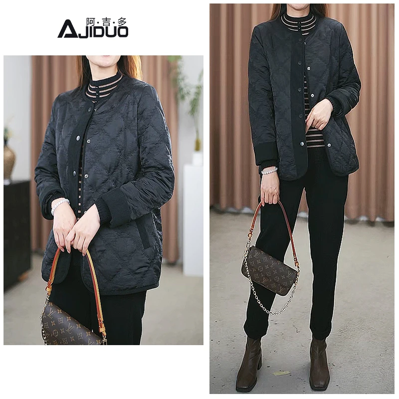 阿吉多A30750圆领单排扣棱形格棉服外套女秋冬季宽松显瘦休闲夹克