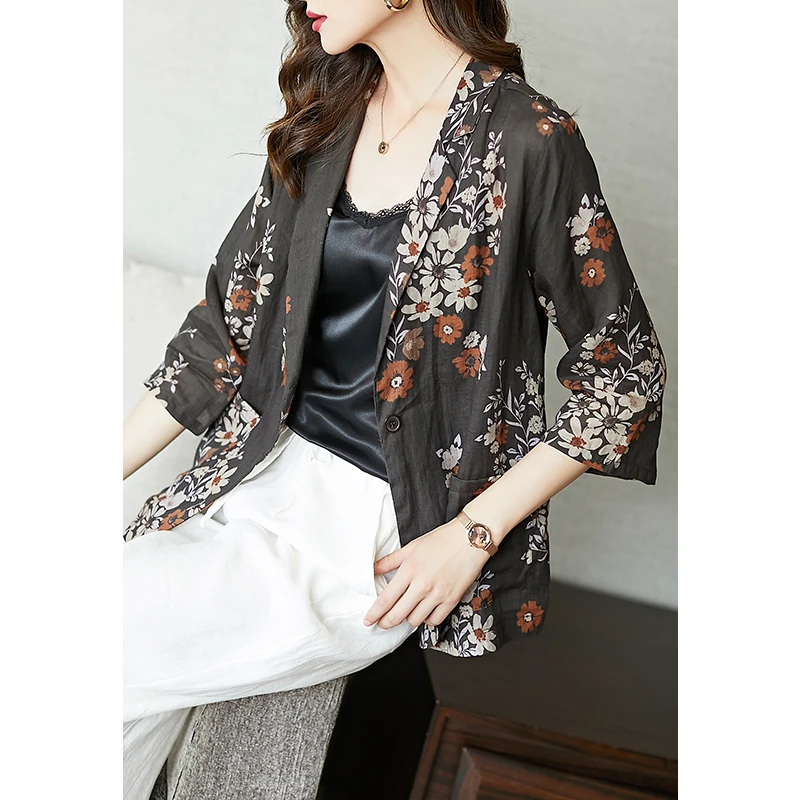 阿吉多西装外套女2024年新款一粒扣小西服文艺时尚薄苎麻印花外套