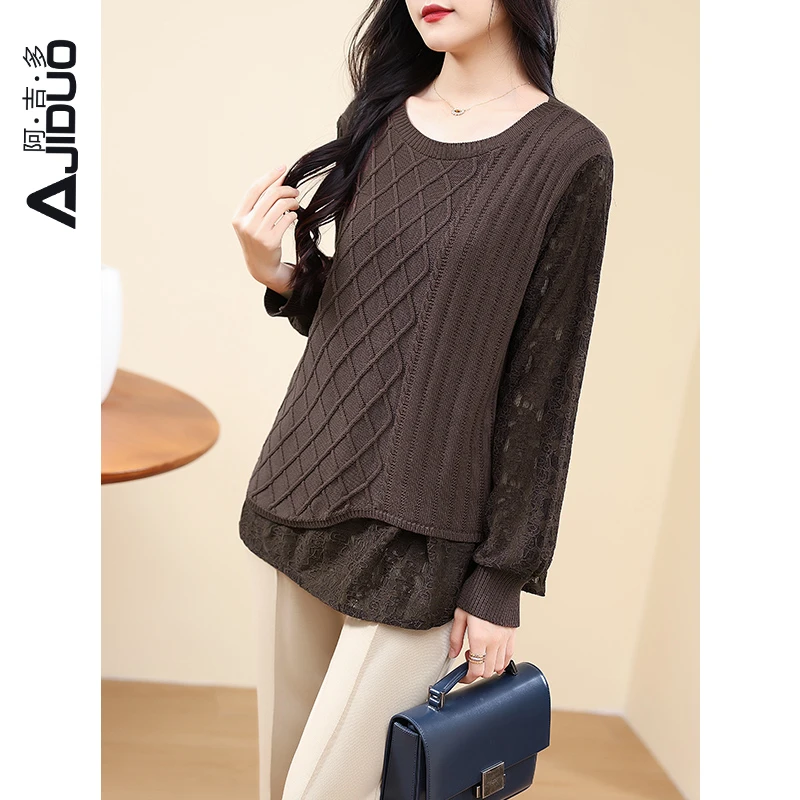 阿吉多长袖针织衫女春秋季2024新款高级蕾丝拼接设计感假两件上衣