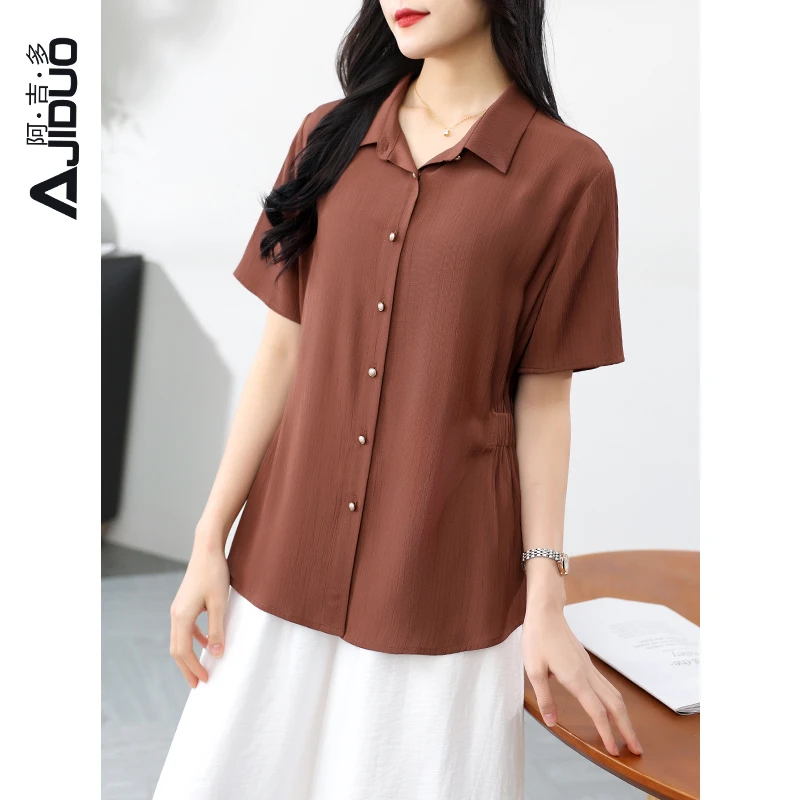 阿吉多短袖衬衫女夏款2024新款收腰显瘦气质衬衣高级中老年上衣