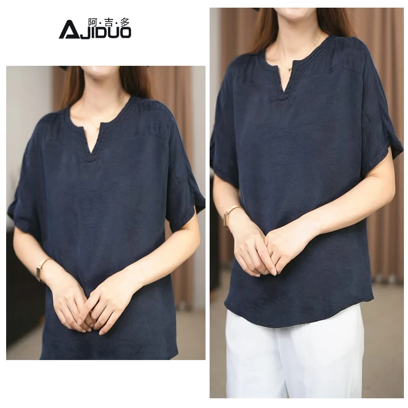 阿吉多A89710铜氨斜纹皱圆领t恤女夏季大码妈妈装胖mm巨显瘦上衣