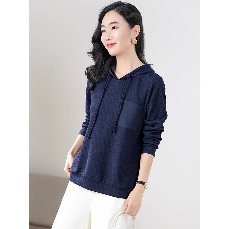 阿吉多连帽卫衣女春秋款洋气时尚提花帽衫长袖大码薄款蓝色上衣