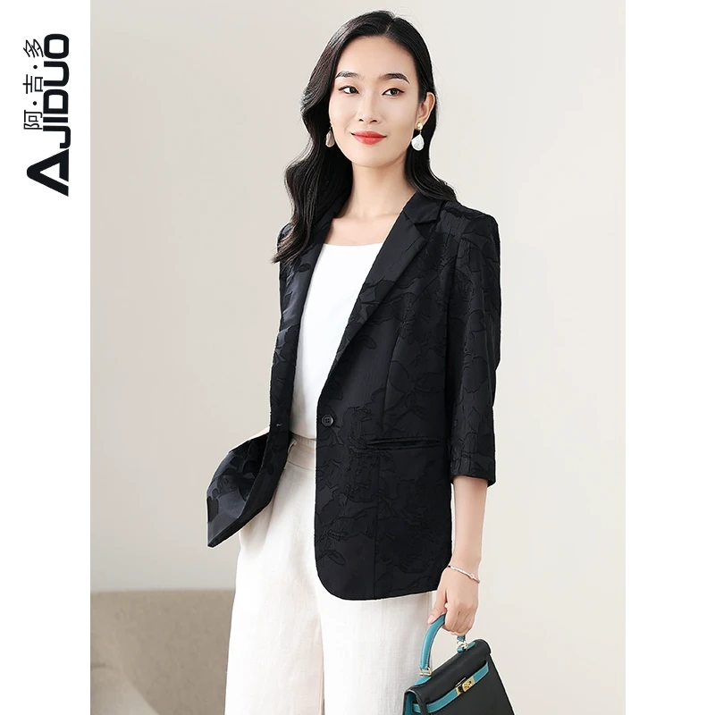 阿吉多【有垫肩】黑色一粒扣西装外套女夏季新款通勤高级气质西服