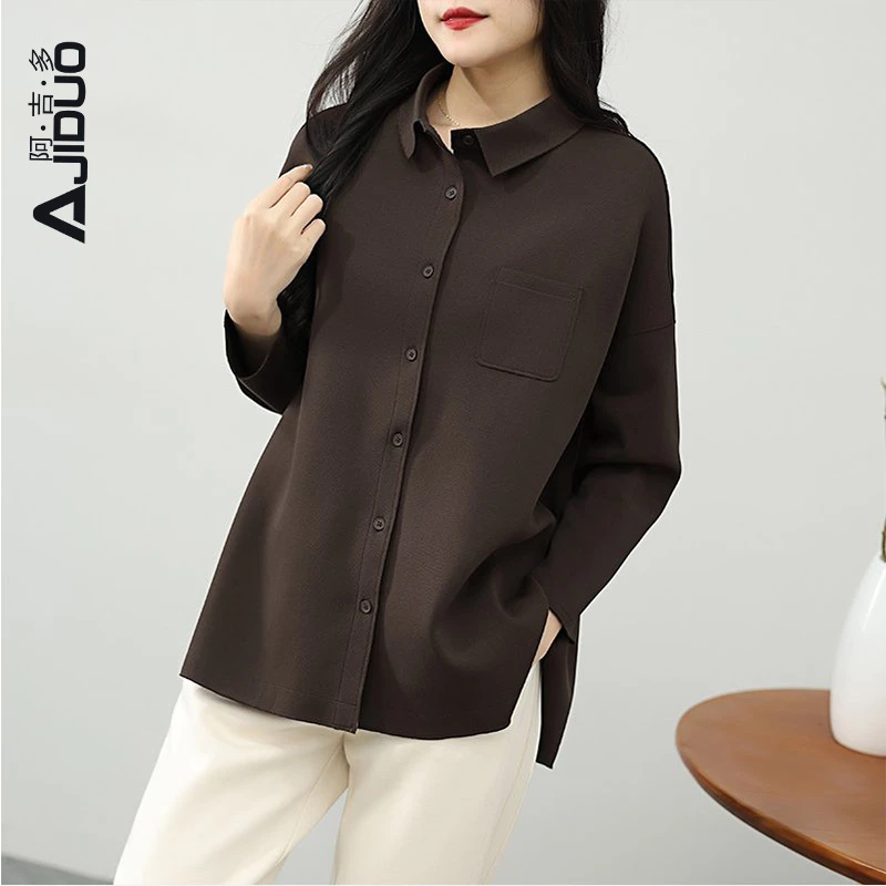 阿吉多A62059百搭纯色通勤气质衬衫外套2023新款长袖宽松秋季休闲