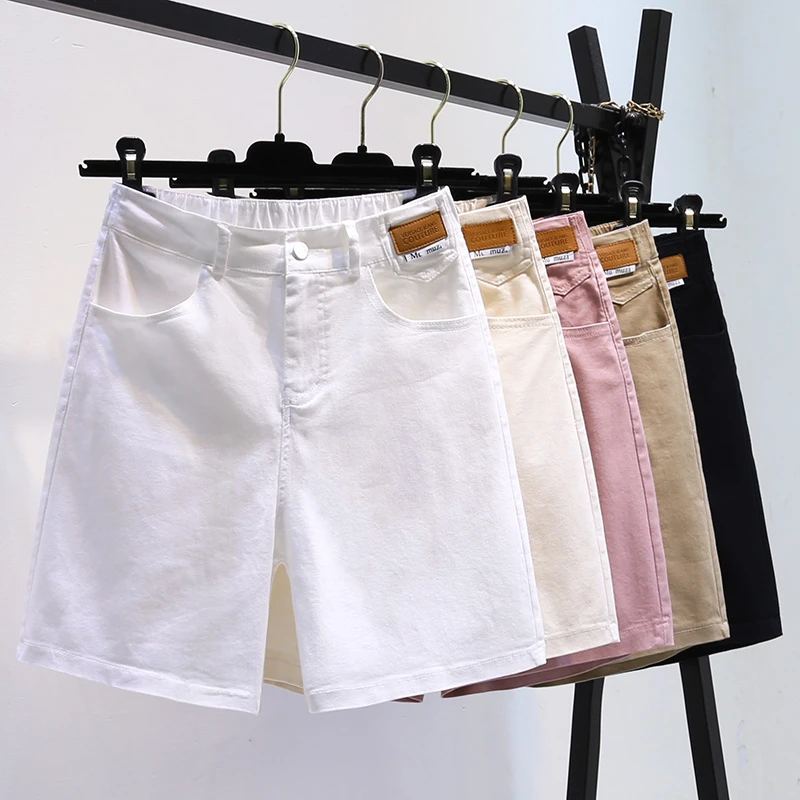 米白色牛仔短裤子女夏季新款高腰显瘦宽松阔腿直筒工装五分热裤子