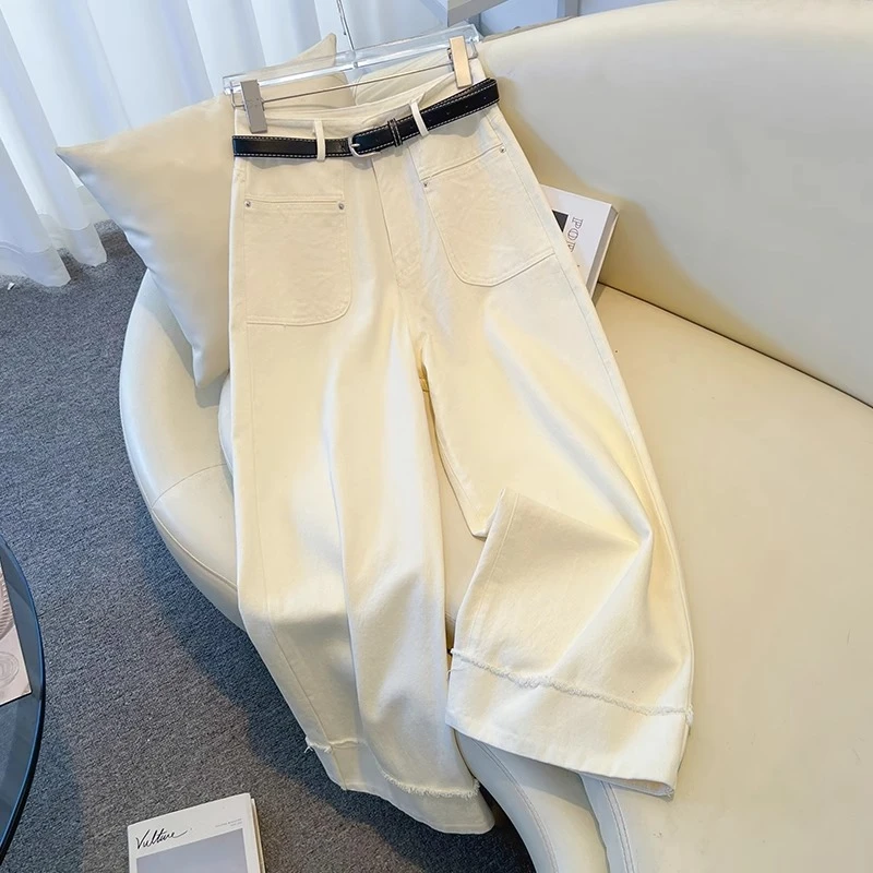 早秋杏米白色宽松阔腿牛仔裤女春夏秋季新款九分小个子直筒休闲裤