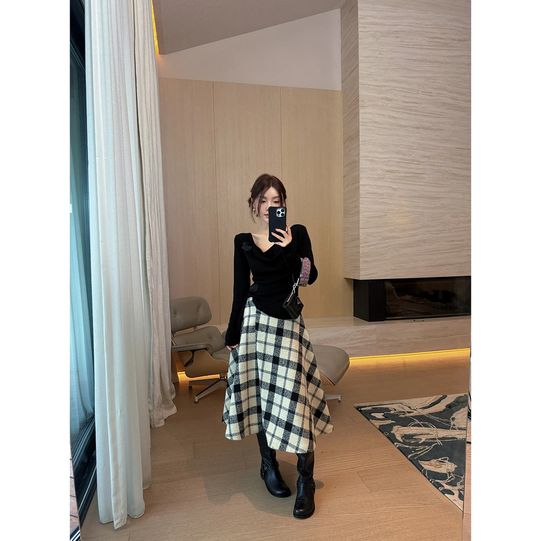 FORNI 杜赛画廊 一片式撞色格纹半裙百搭气质毛呢裙