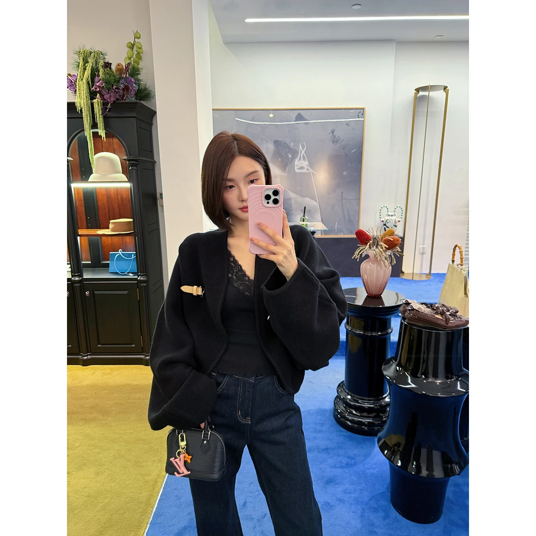 FORNI 高定系列 女生秋冬装金属皮扣斗篷外套蝙蝠袖短款呢大衣