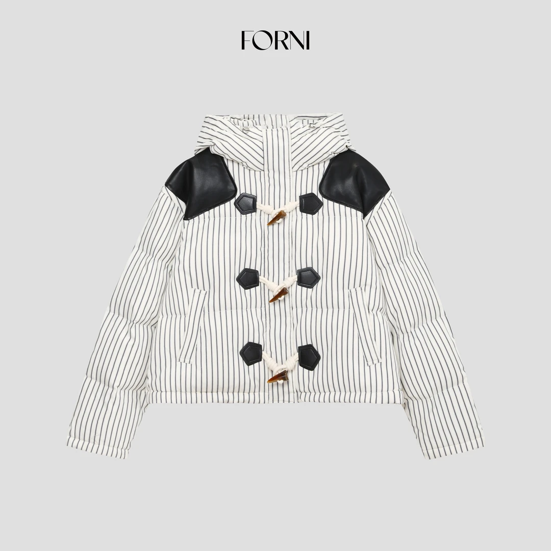 FORNI 冬日肯豆撞色条纹牛角扣羽绒服90白鸭绒小个子保暖外套