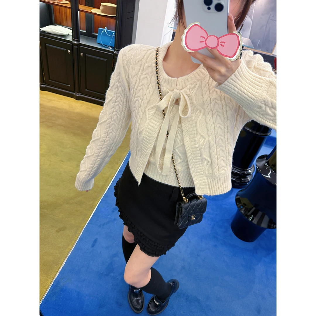 FORNI 微甜不腻 小香风系带毛衣两件套圆领宽松针织开衫套装女