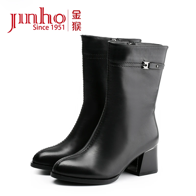 Jinho/金猴时尚真皮粗跟加绒百搭中筒冬季女士时装靴460990A&B&C